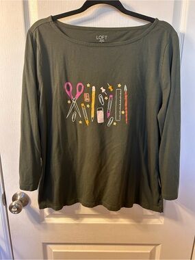 LOFT Dark Green Long-Sleeve Tee with School Supply Graphic